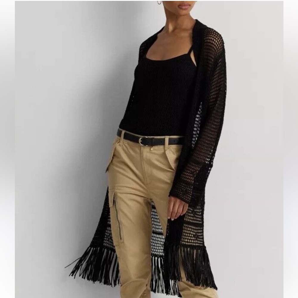 RALPH LAUREN LINEN OPEN CROCHET FRINGE CARDIGAN MIDI LENGTH BLACK M L